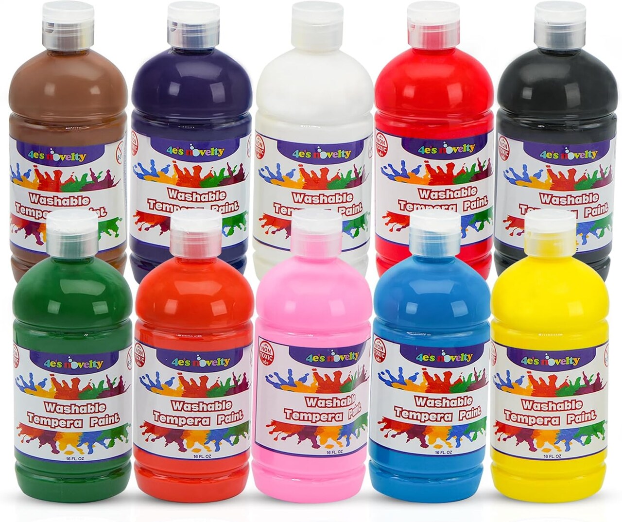 4E's Novelty Washable Tempera Paint Set for Kids – 10 Bright Colors – 16oz Bottles – Non Toxic Washable Paint for Crafts, Classroom, Tempura Paints for Children – Ages 4-8 Paint for Kids Washable